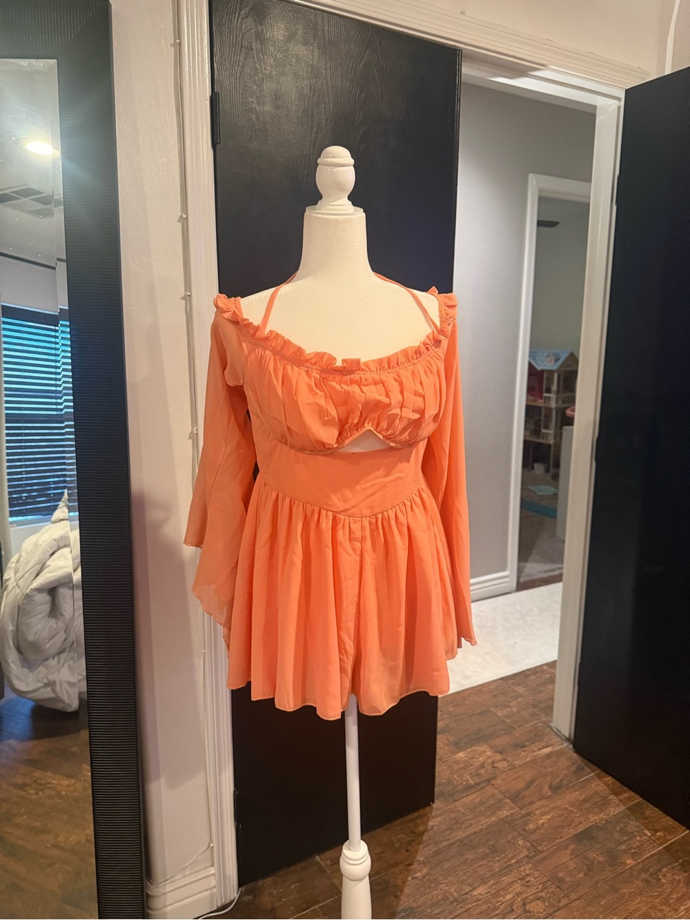 Fashion Nova Coral Orange Off-Shoulder Ruffle Romper